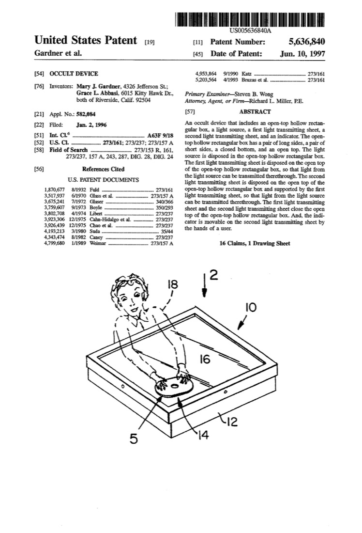 US 5,636,840, Occult Device, sheet 1