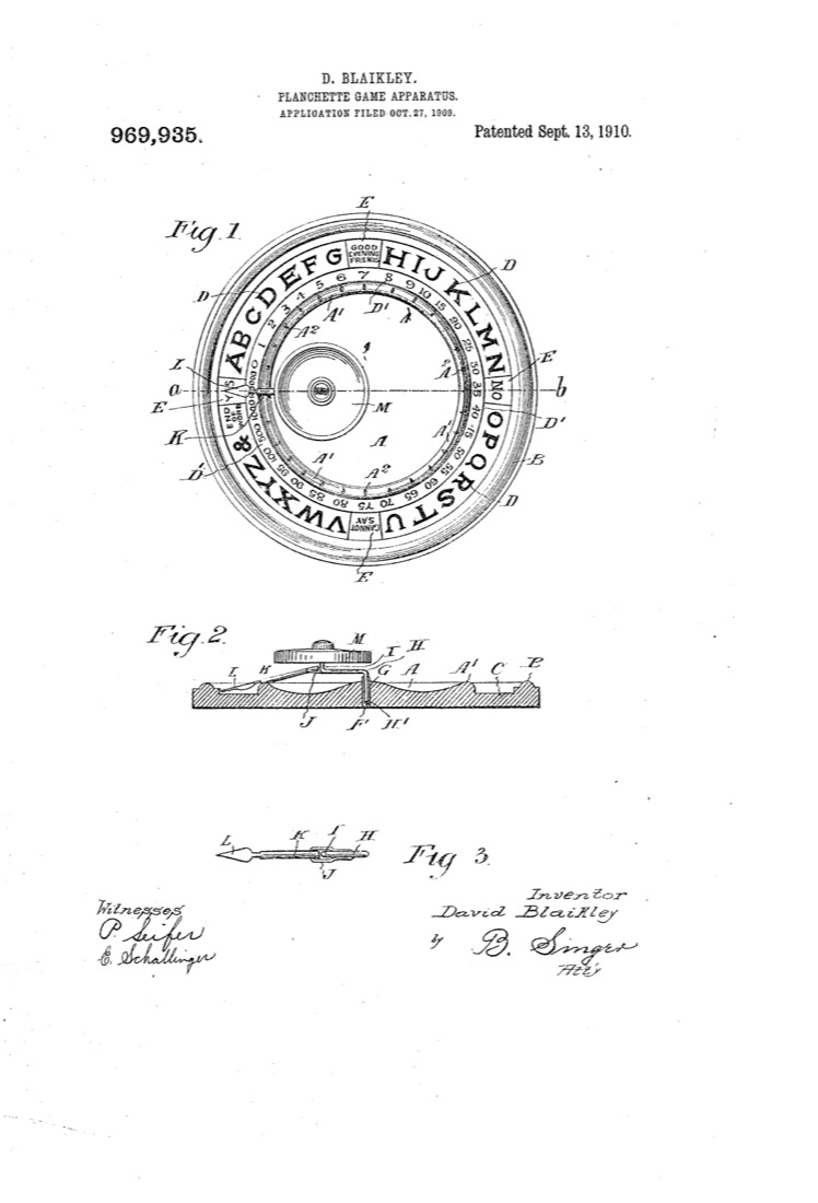 US 969,935, Planchette Game Apparatus, sheet 1
