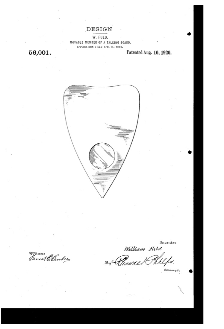 US Design 56,001, Design for the Movable Member of a Talking-Board, sheet 1